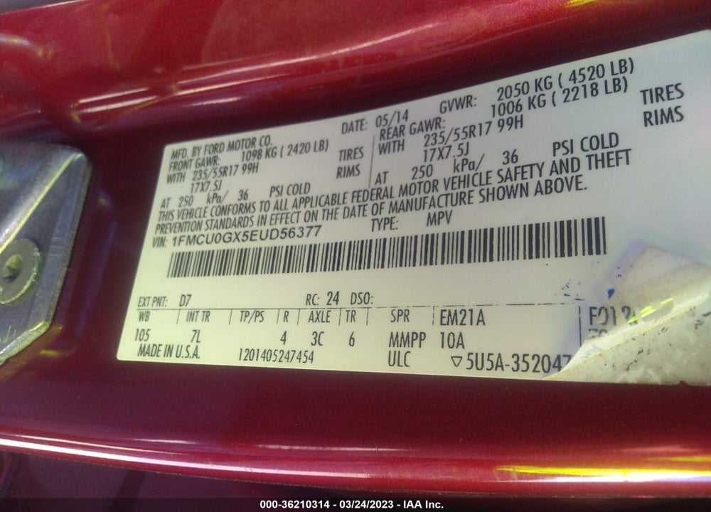 2014 FORD ESCAPE SE VIN: 1FMCU0GX5EUD56377