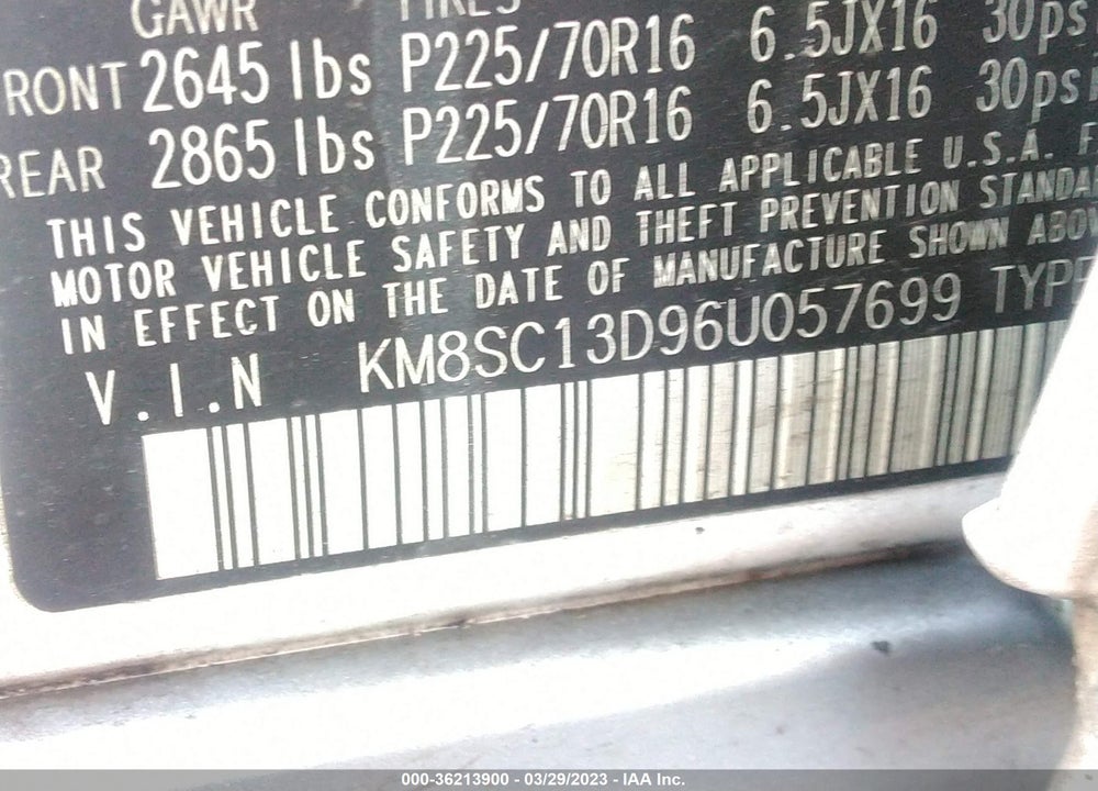 2006 HYUNDAI SANTA FE GLS VIN: KM8SC13D96U057699