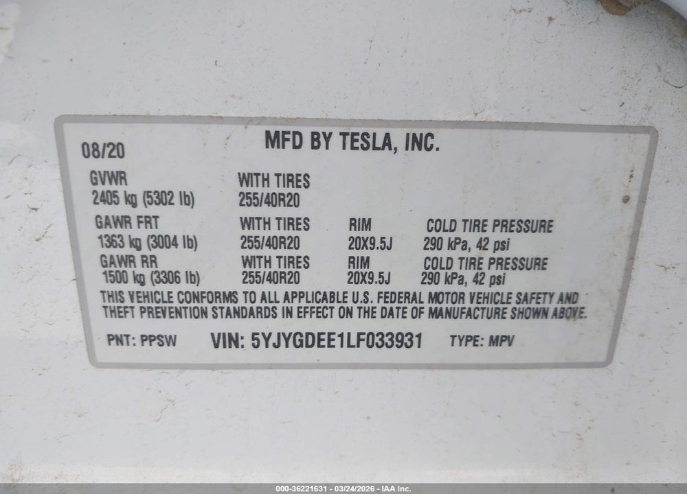 2020 TESLA MODEL Y LONG RANGE VIN: 5YJYGDEE1LF033931