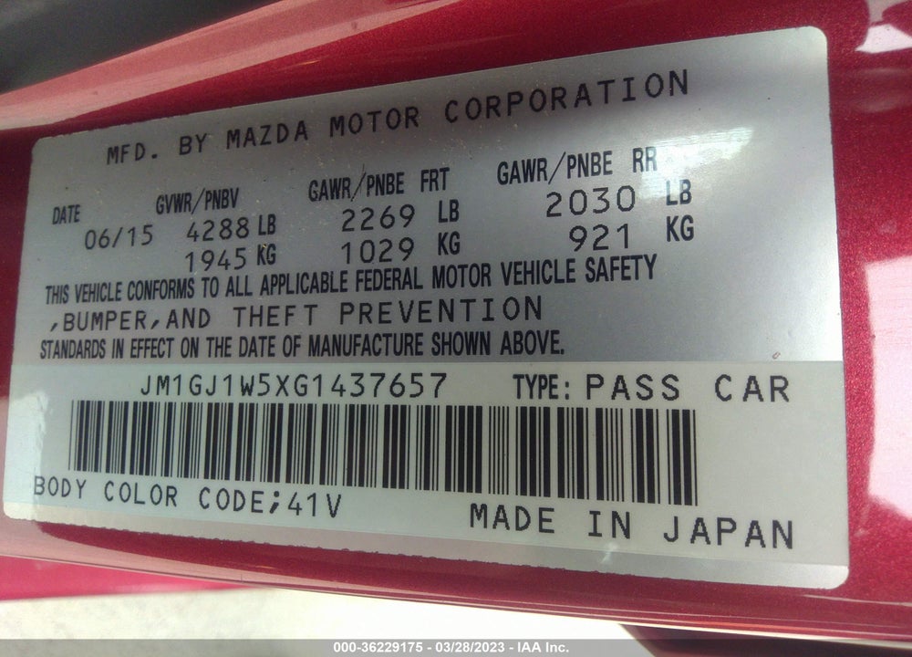 2016 MAZDA 6 I GRAND TOURING VIN: JM1GJ1W5XG1437657