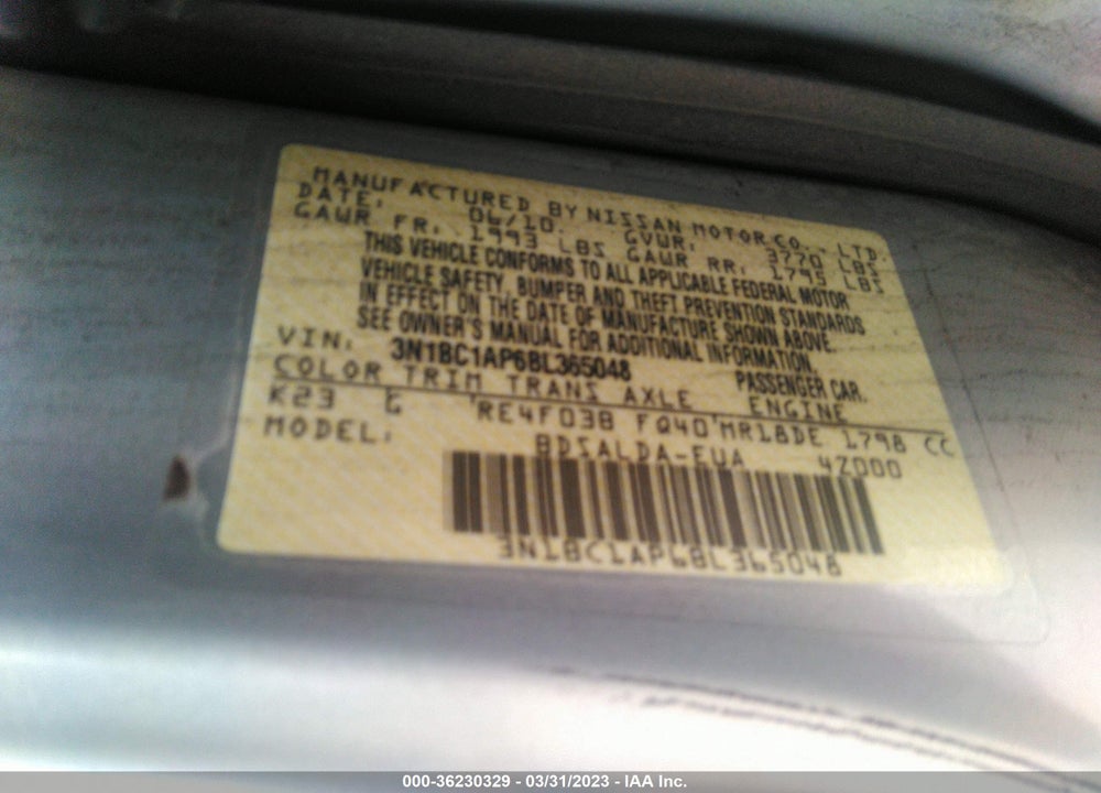 2011 NISSAN VERSA 1.8S VIN: 3N1BC1AP6BL365048