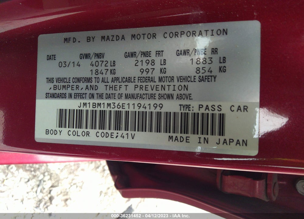 2014 MAZDA MAZDA3 VIN: JM1BM1M36E1194199