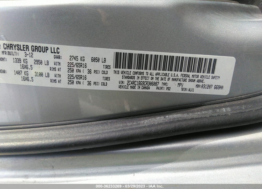 2012 CHRYSLER TOWN & COUNTRY TOURING VIN: 2C4RC1BG9CR306087