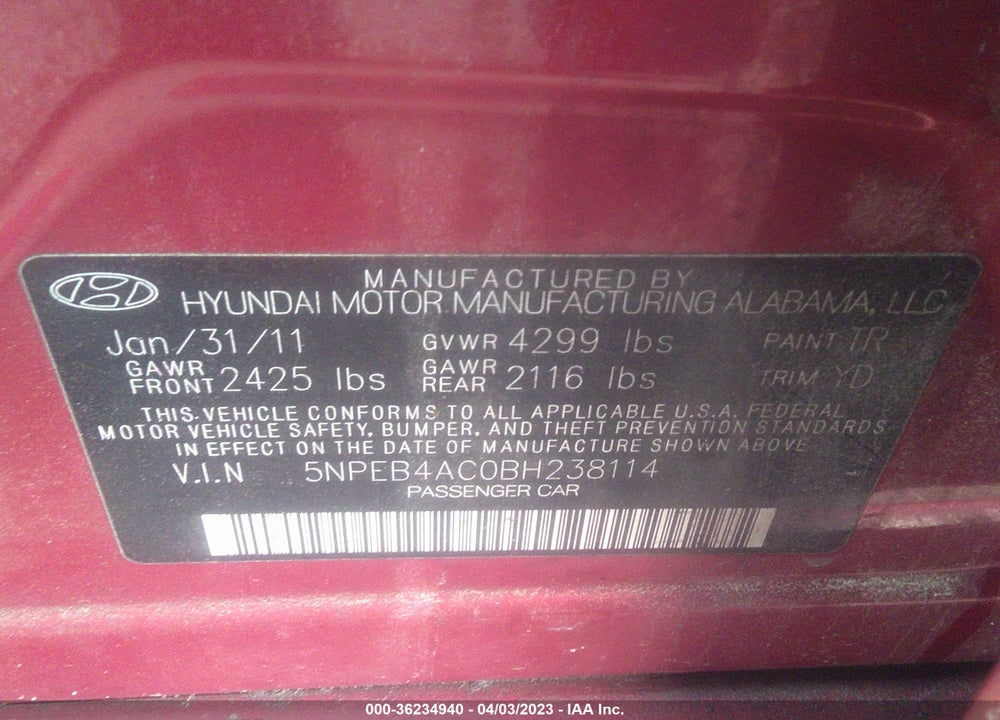 2011 HYUNDAI SONATA GLS VIN: 5NPEB4AC0BH238114