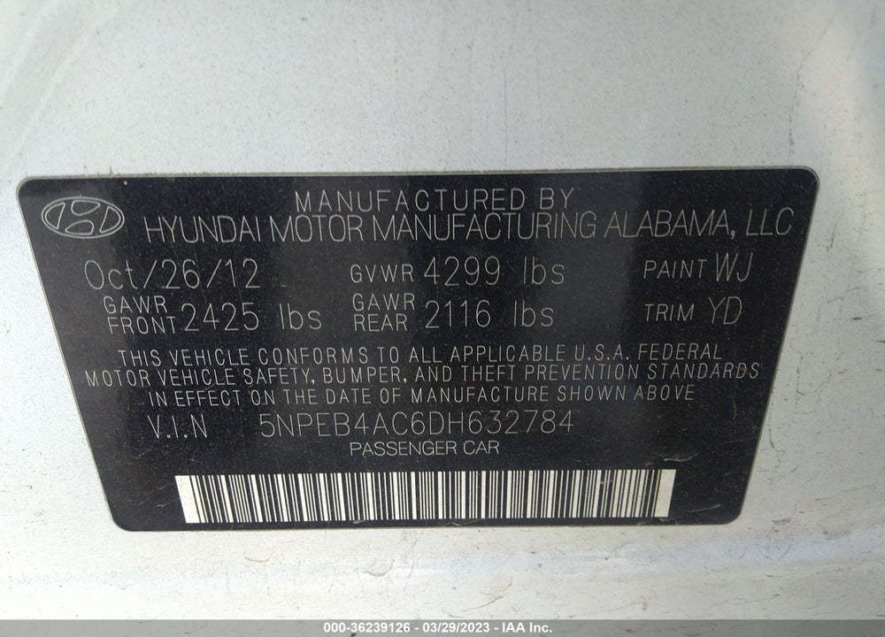 2013 HYUNDAI SONATA GLS VIN: 5NPEB4AC6DH632784