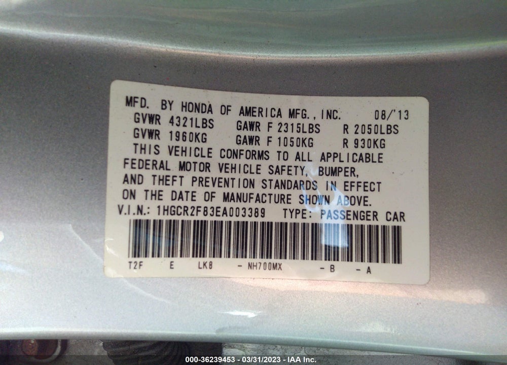 2014 HONDA ACCORD EX-L VIN: 1HGCR2F83EA003389
