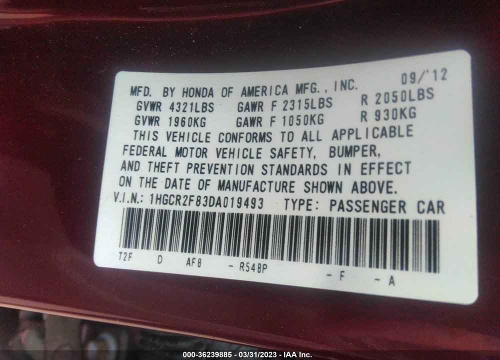 2013 HONDA ACCORD EX-L VIN: 1HGCR2F83DA019493