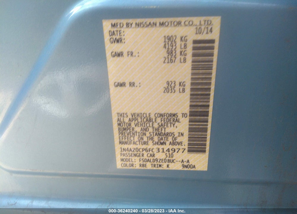 2015 NISSAN LEAF VIN: 1N4AZ0CP6FC314977