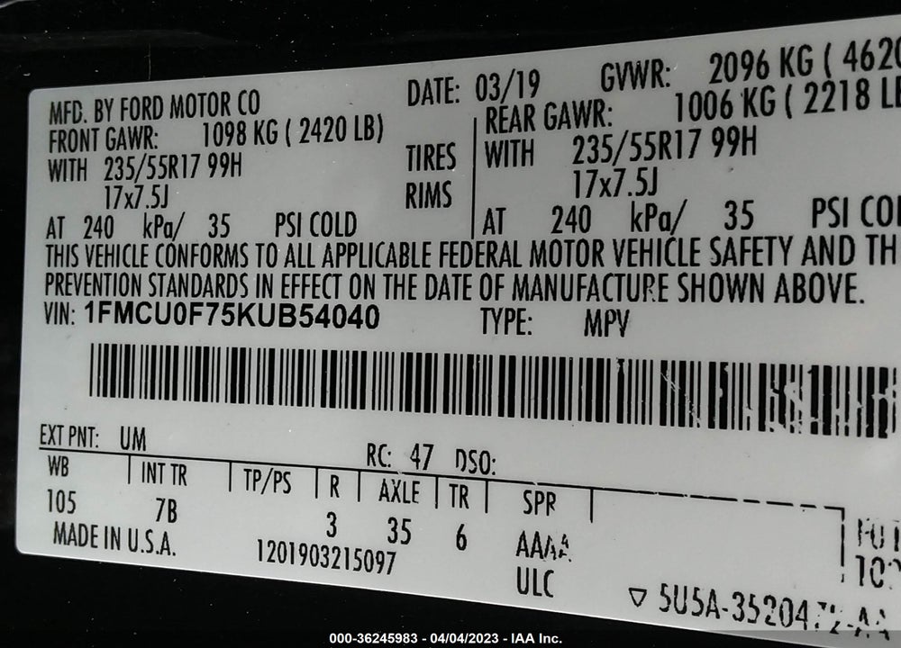 2019 FORD ESCAPE S VIN: 1FMCU0F75KUB54040