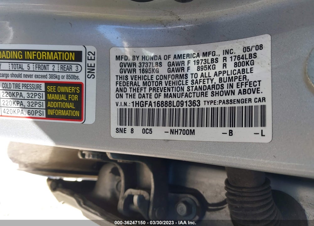 2008 HONDA CIVIC VIN: 1HGFA16888L091363