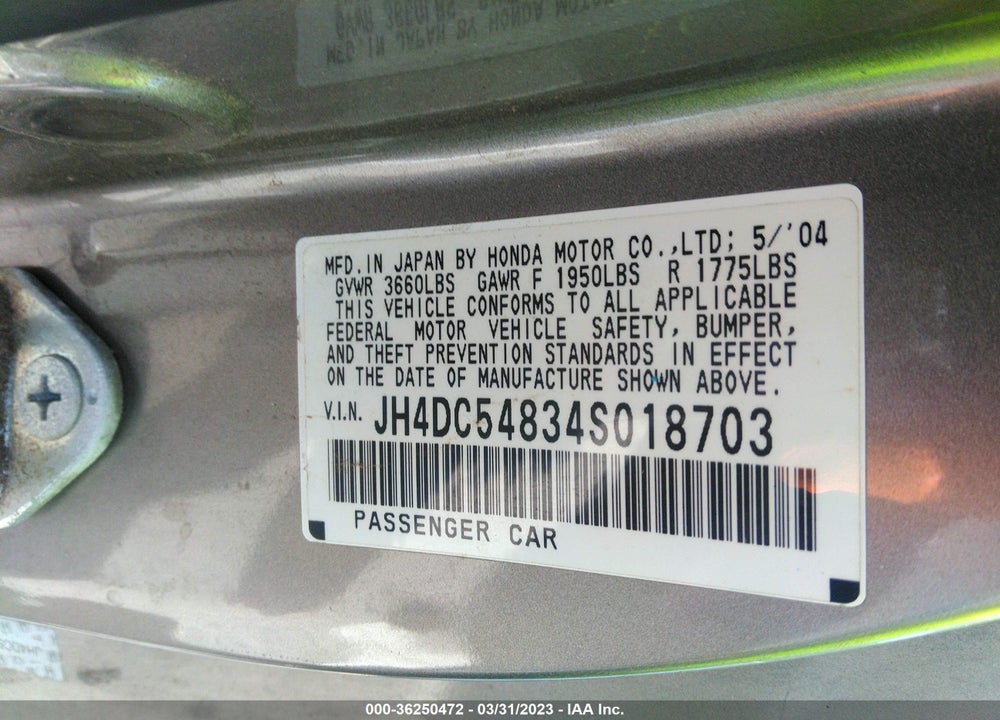 2004 ACURA RSX VIN: JH4DC54834S018703
