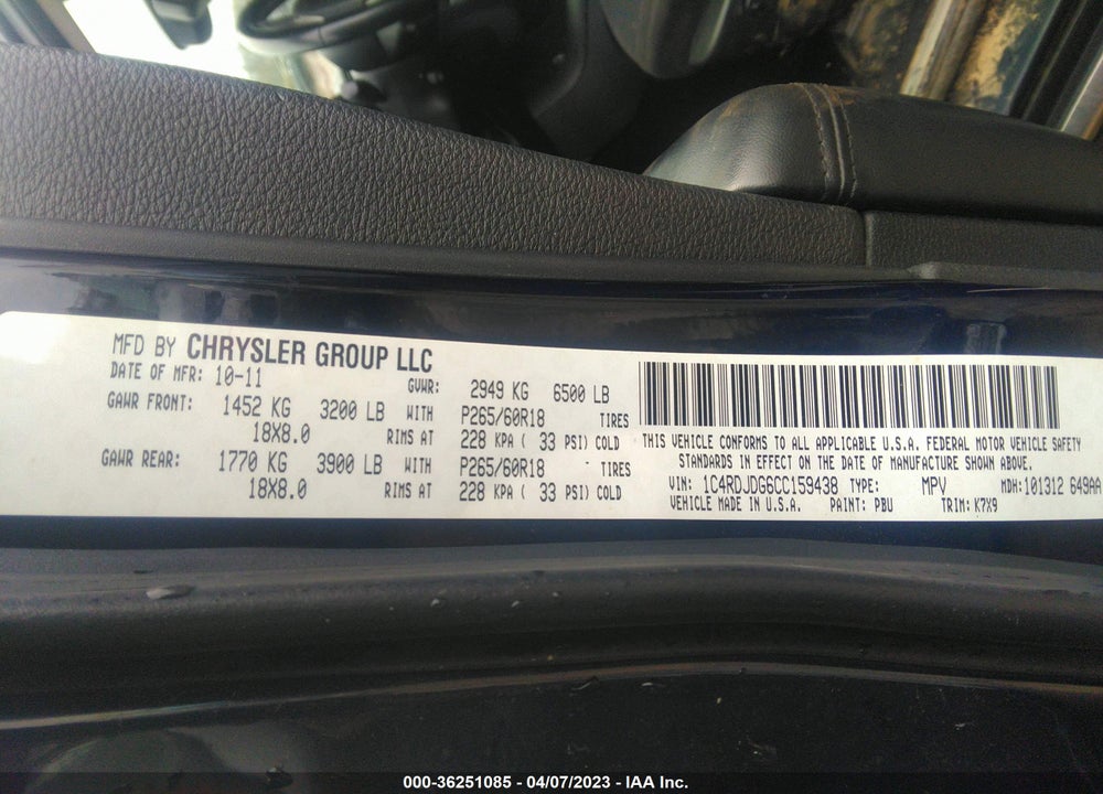 2012 DODGE DURANGO CREW VIN: 1C4RDJDG6CC159438