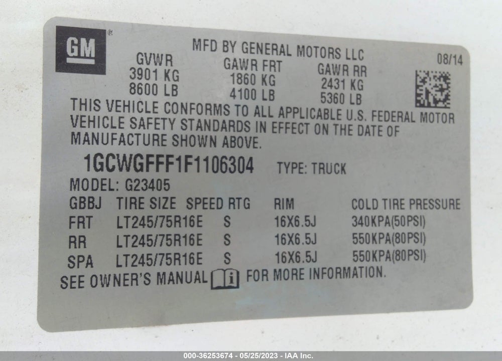 2015 CHEVROLET EXPRESS 2500 WORK VAN VIN: 1GCWGFFF1F1106304