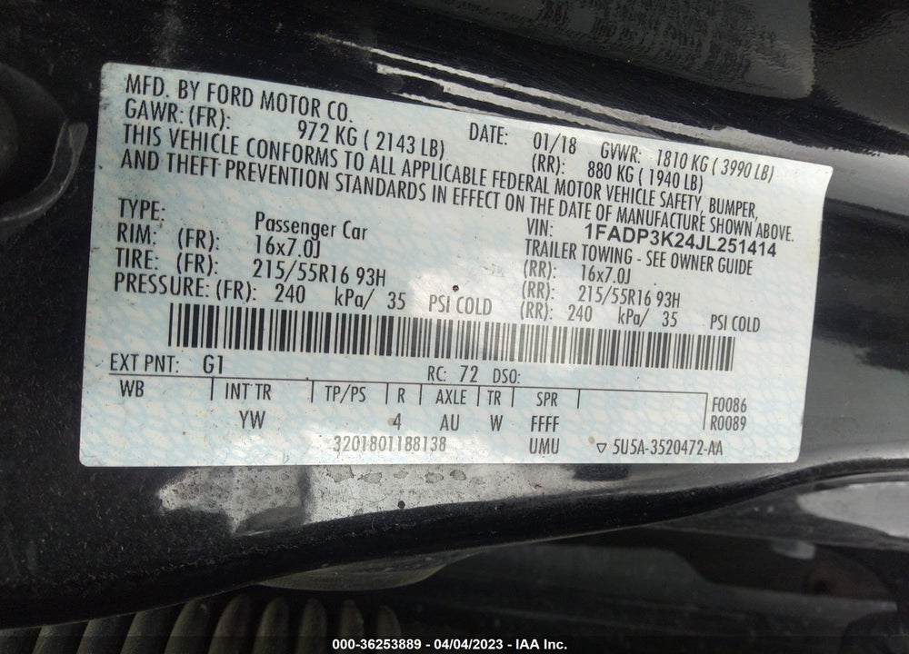 2018 FORD FOCUS VIN: 1FADP3K24JL251414