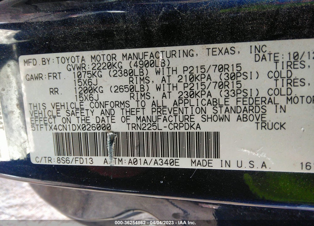 2013 TOYOTA TACOMA VIN: 5TFTX4CN1DX026000