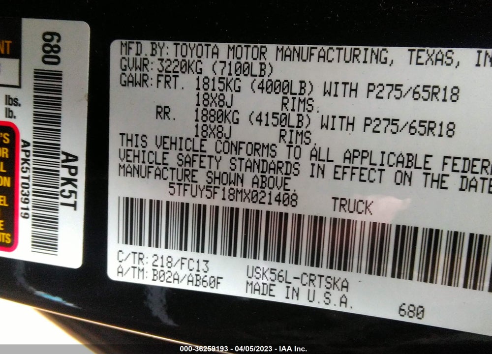 2021 TOYOTA TUNDRA SR5 VIN: 5TFUY5F18MX021408