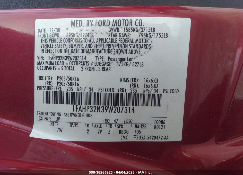 2009 FORD FOCUS SE VIN: 1FAHP32N39W207314