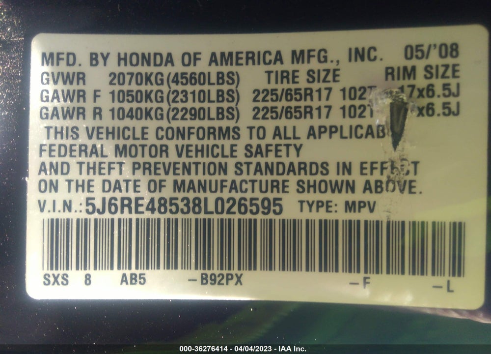 2008 HONDA CR-V EX VIN: 5J6RE48538L026595