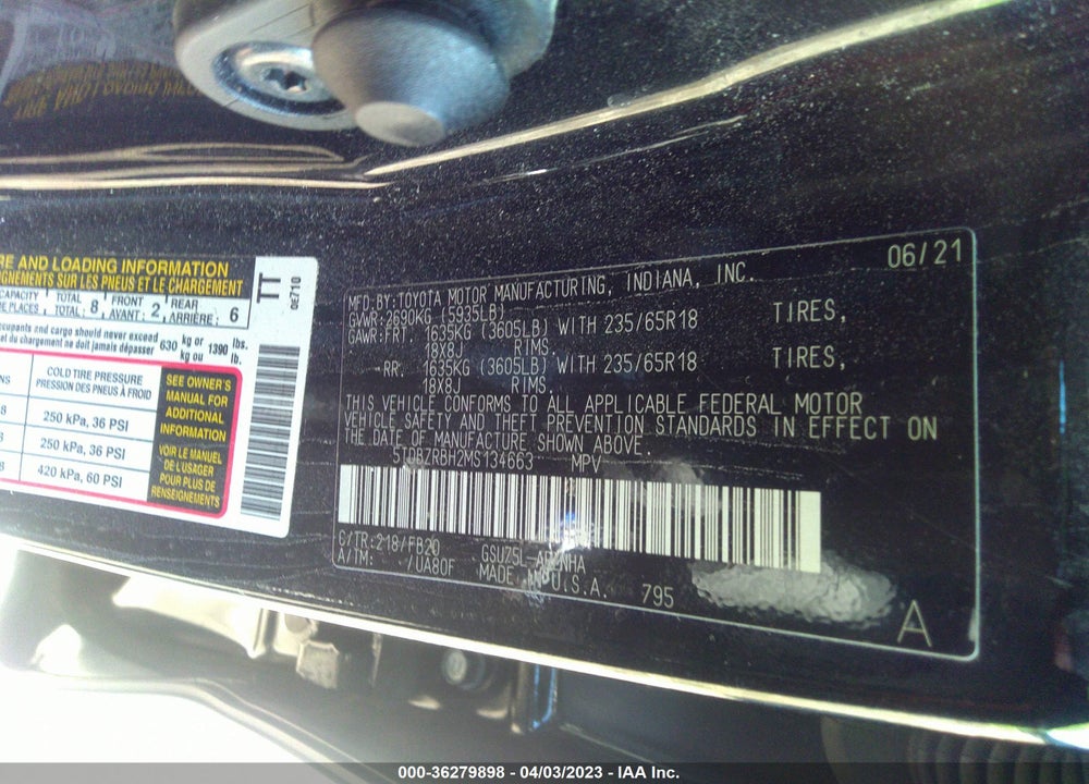 2021 TOYOTA HIGHLANDER LE VIN: 5TDBZRBH2MS134663