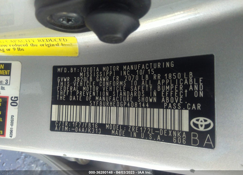2016 TOYOTA COROLLA LE VIN: 5YFBURHE0GP408144