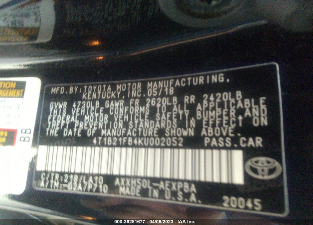 2019 TOYOTA AVALON HYBRID LIMITED VIN: 4T1B21FB4KU002052