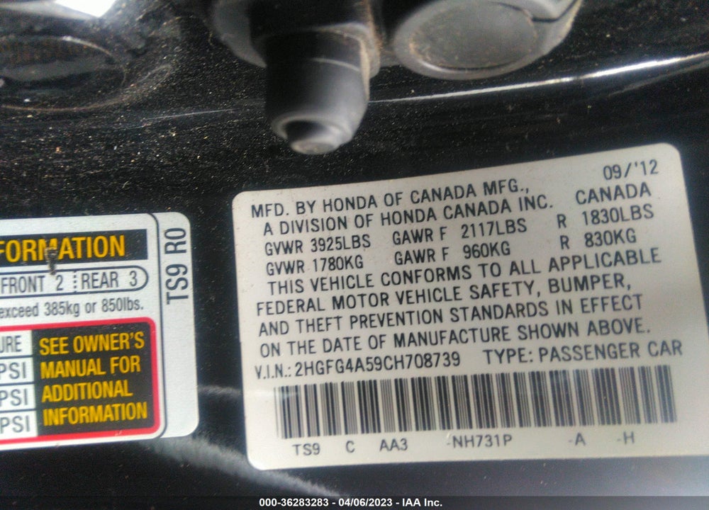 2012 HONDA CIVIC CPE VIN: 2HGFG4A59CH708739