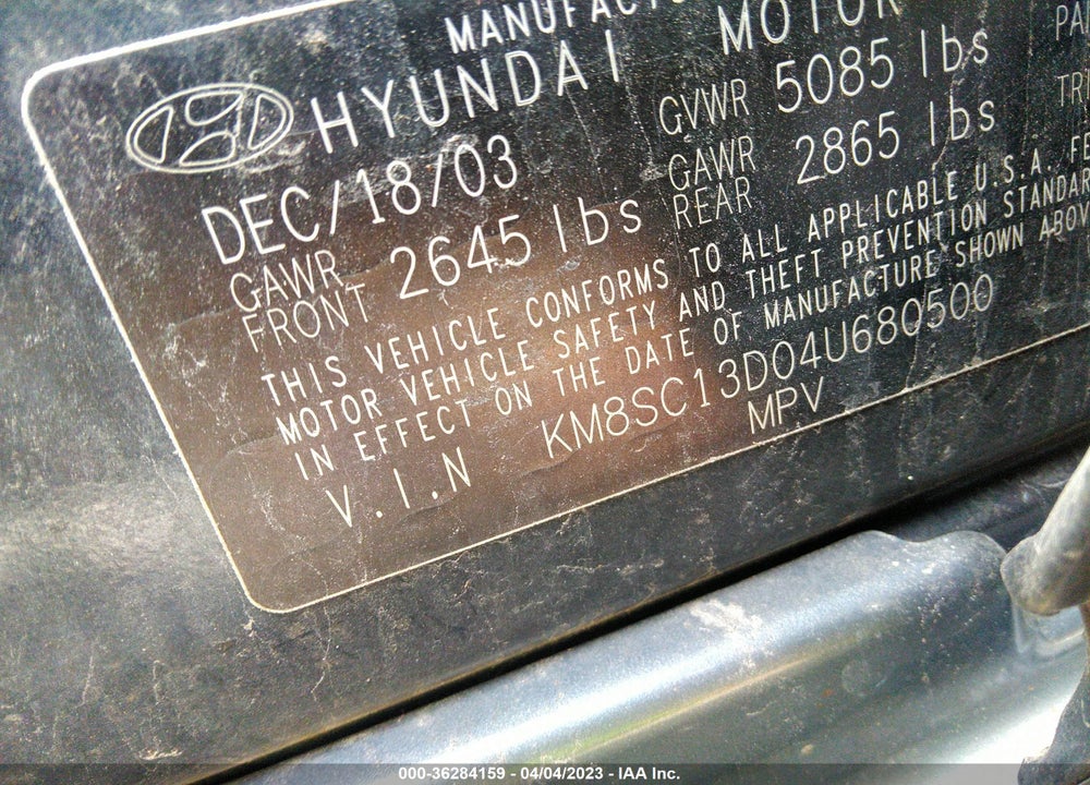 2004 HYUNDAI SANTA FE GLS VIN: KM8SC13D04U680500