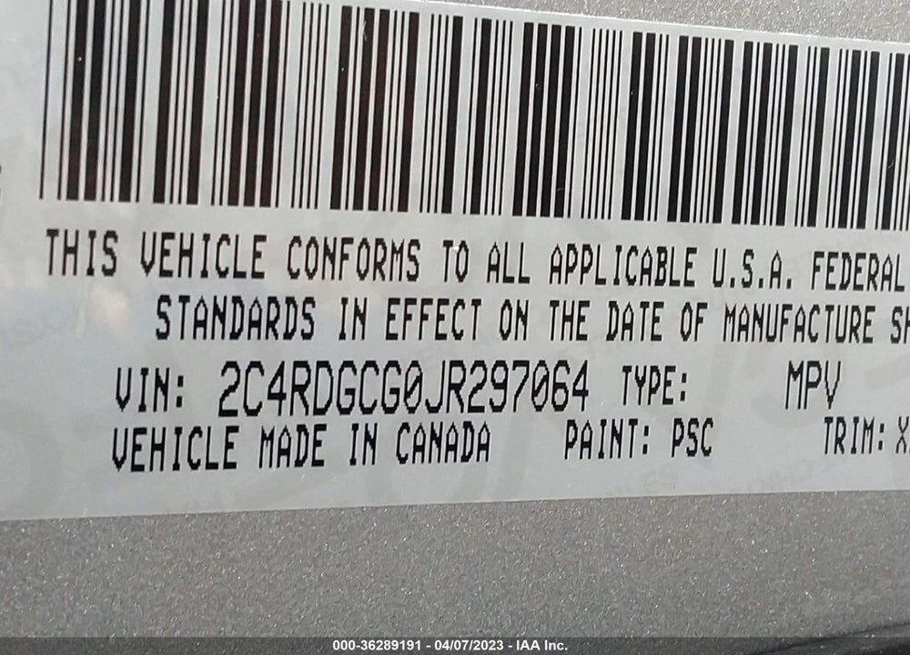 2018 DODGE GRAND CARAVAN SXT VIN: 2C4RDGCG0JR297064