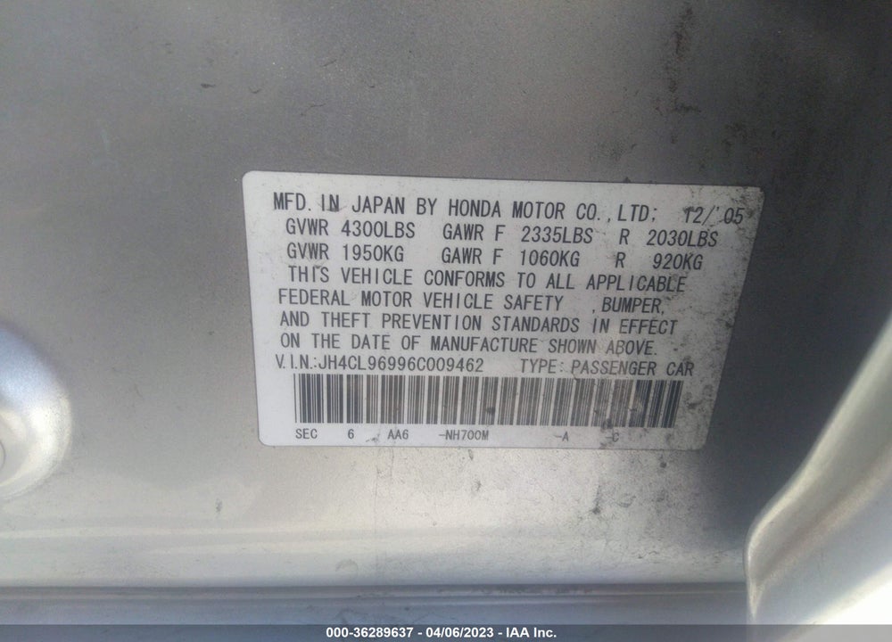 2006 ACURA TSX VIN: JH4CL96996C009462