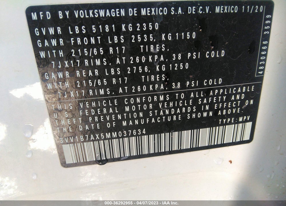 2021 VOLKSWAGEN TIGUAN 2.0T S VIN: 3VV1B7AX5MM037634