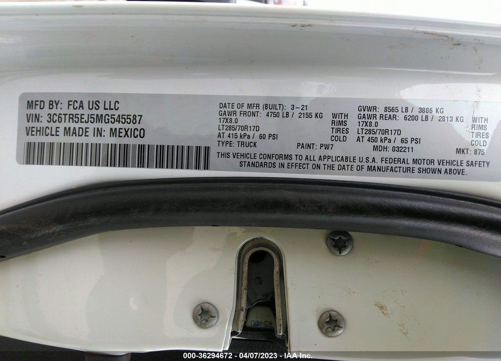 2021 DODGE RAM 2500 VIN: 3C6TR5EJ5MG545587