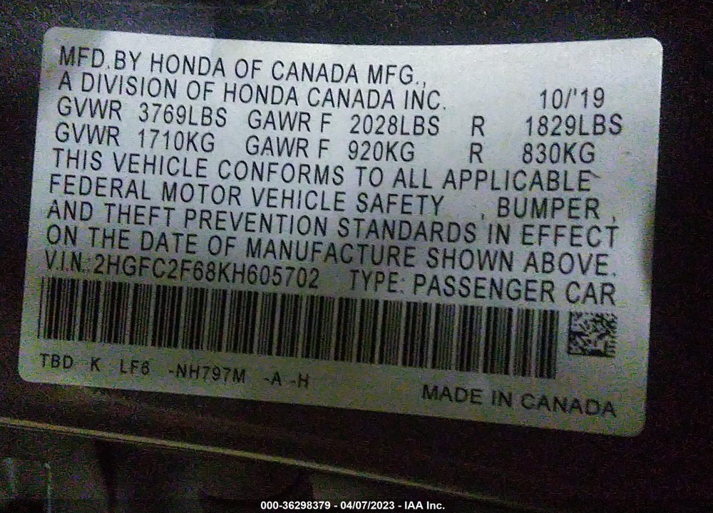 2019 HONDA CIVIC LX VIN: 2HGFC2F68KH605702