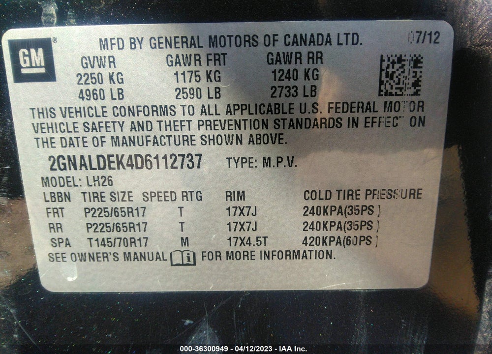 2013 CHEVROLET EQUINOX 1LT VIN: 2GNALDEK4D6112737