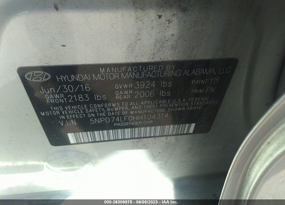 2017 HYUNDAI ELANTRA SE VIN: 5NPD74LF0HH104314