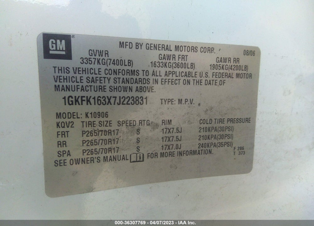 2007 GMC YUKON XL 1500 SLE VIN: 1GKFK163X7J223831