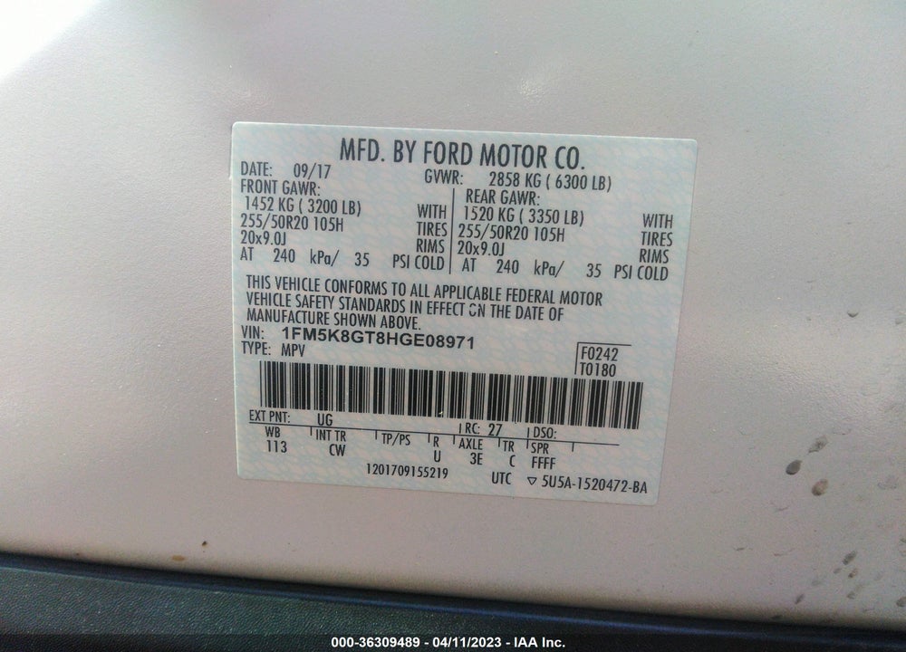 2017 FORD EXPLORER SPORT VIN: 1FM5K8GT8HGE08971