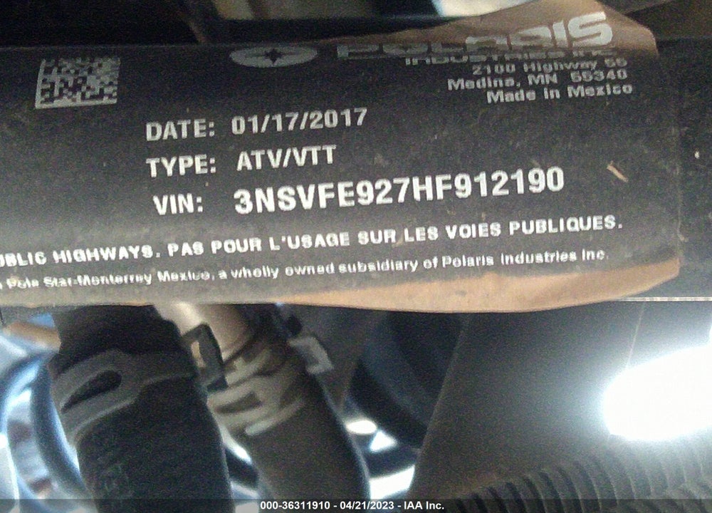 2017 POLARIS RZR XP 4 TURBO EPS VIN: 3NSVFE927HF912190
