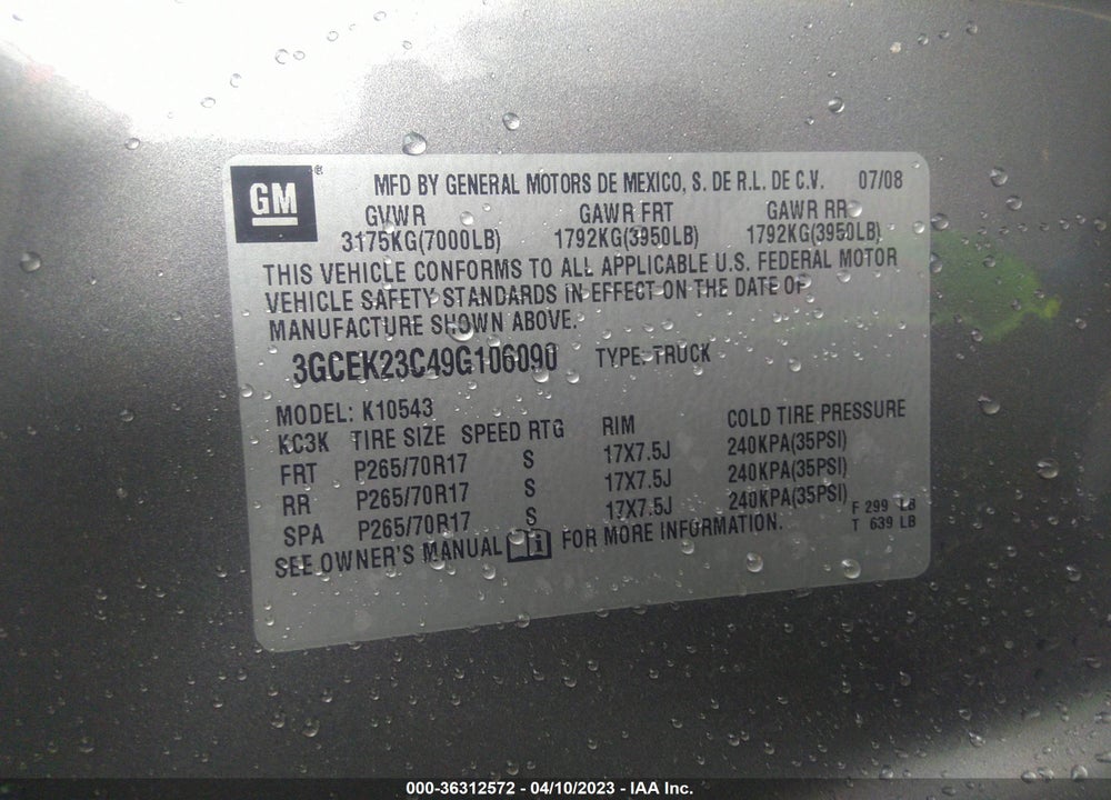 2009 CHEVROLET SILVERADO 1500 LT VIN: 3GCEK23C49G106090