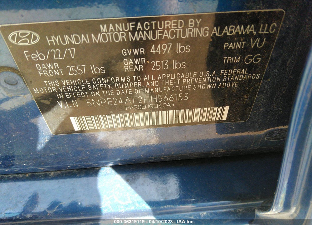 2017 HYUNDAI SONATA VIN: 5NPE24AF2HH566153