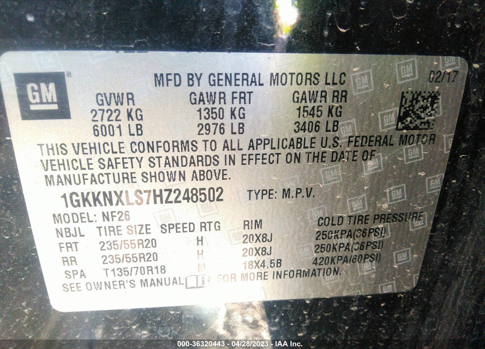 2017 GMC ACADIA DENALI VIN: 1GKKNXLS7HZ248502