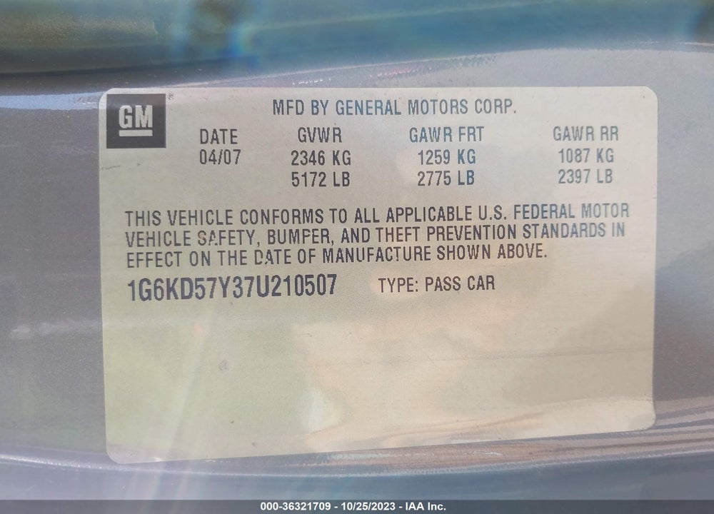 2007 CADILLAC DTS VIN: 1G6KD57Y37U210507