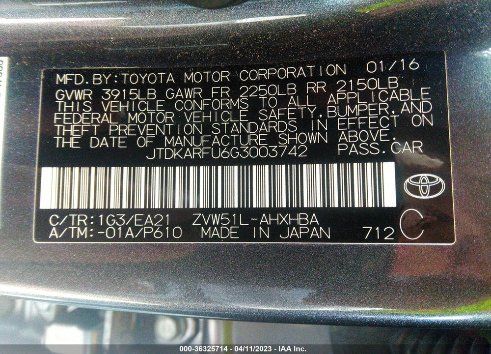 2016 TOYOTA PRIUS FOUR TOURING VIN: JTDKARFU6G3003742