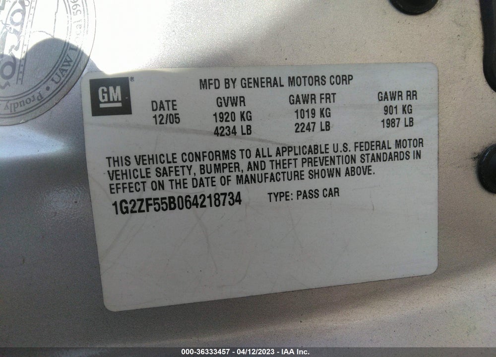 2006 PONTIAC G6 VIN: 1G2ZF55B064218734