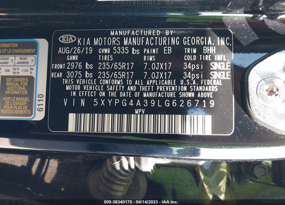 2020 KIA SORENTO 2.4L LX VIN: 5XYPG4A39LG626719