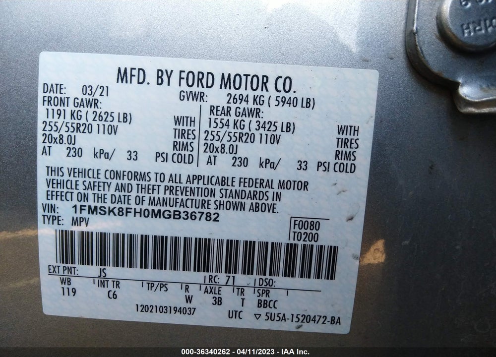 2021 FORD EXPLORER LIMITED VIN: 1FMSK8FH0MGB36782