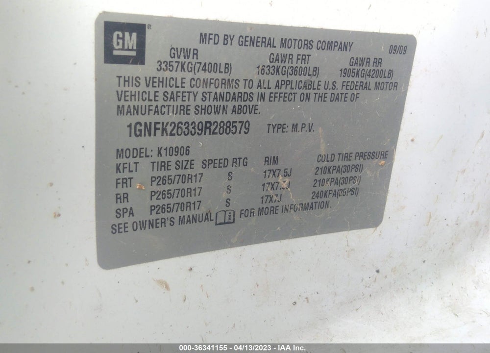 2009 CHEVROLET SUBURBAN 1500 LT2 VIN: 1GNFK26339R288579