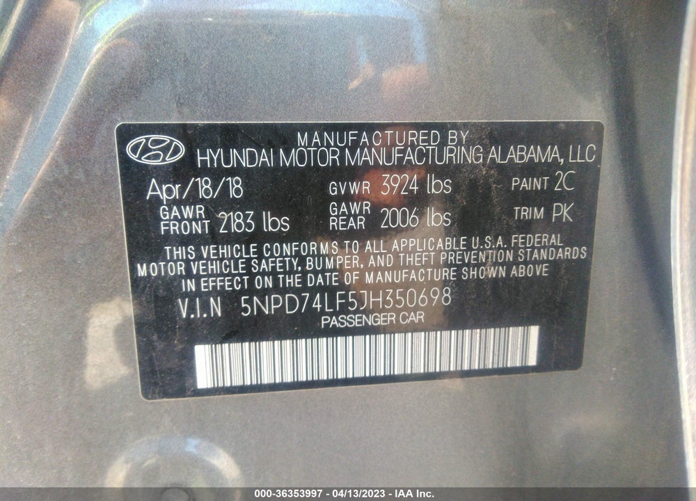 2018 HYUNDAI ELANTRA SE VIN: 5NPD74LF5JH350698
