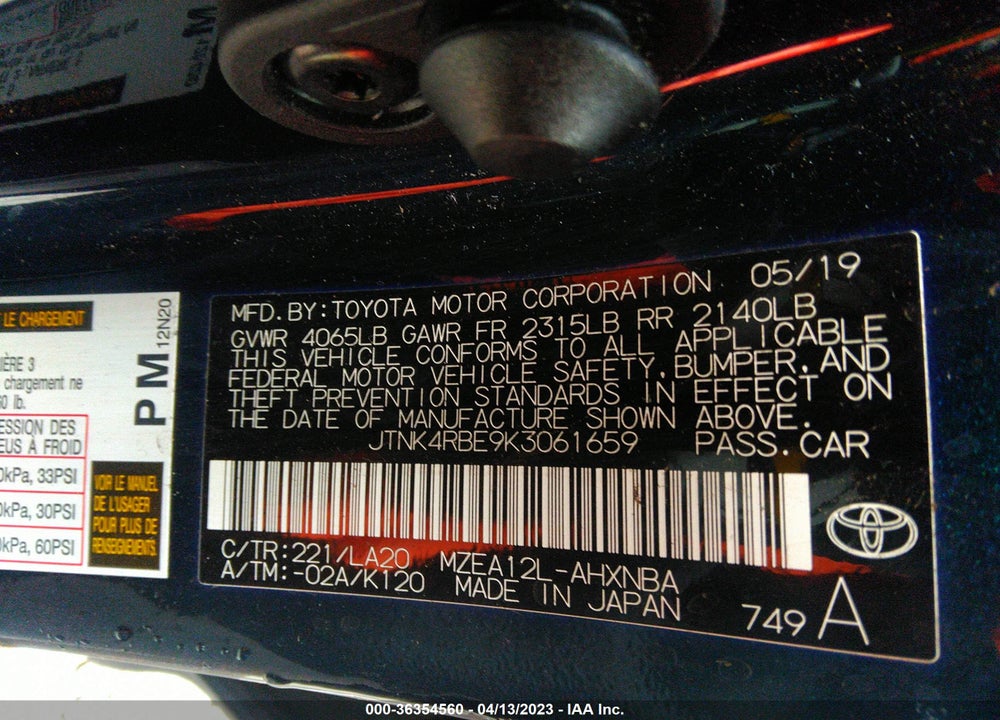 2019 TOYOTA COROLLA XSE VIN: JTNK4RBE9K3061659