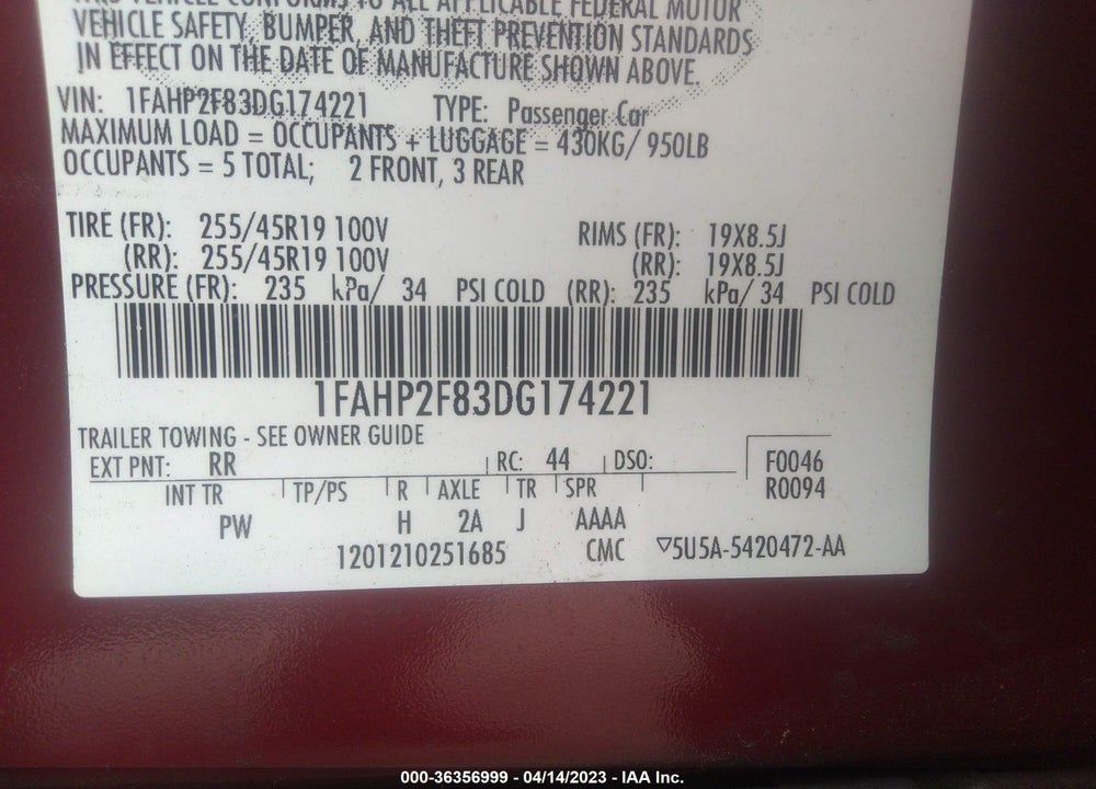 2013 FORD TAURUS LIMITED VIN: 1FAHP2F83DG174221