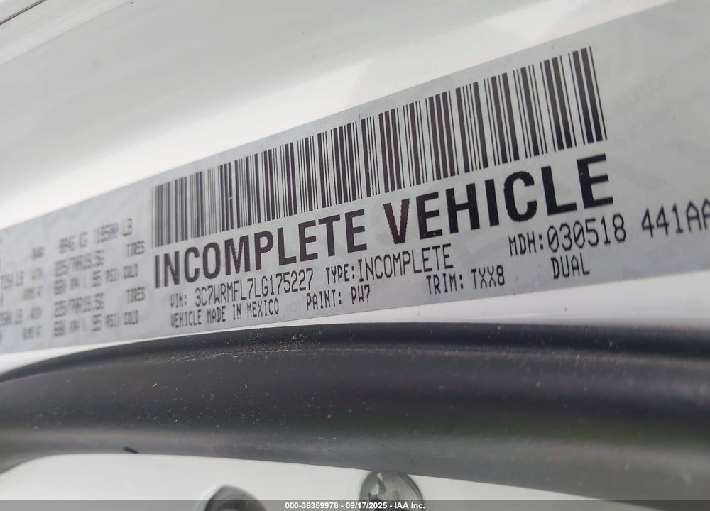 2020 RAM 5500 CHASSIS TRADESMAN/SLT/LAIE/LIMITED VIN: 3C7WRMFL7LG175227